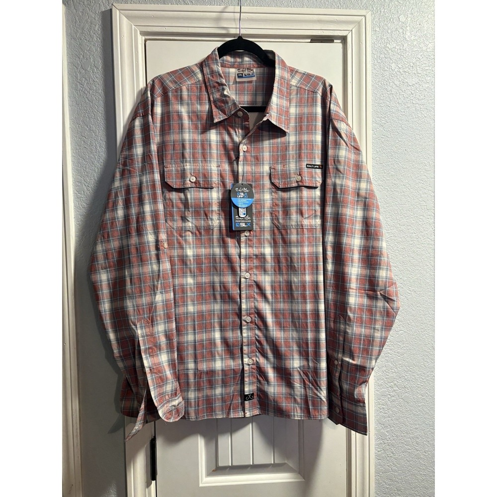Salt Life SLX Shirt Mens 2XL Red Blue Plaid Long Sleeve Performance Fishing NWT